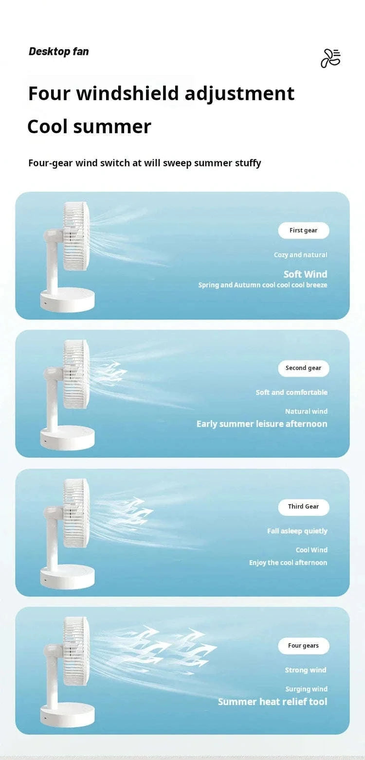 Portable Rechargeable Desk Fan – 4-Speed White Cooling Companion-WHITE