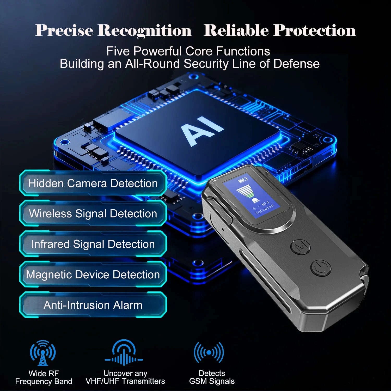 Portable RF Signal Scanner with HD Display Hidden Camera Detector-black