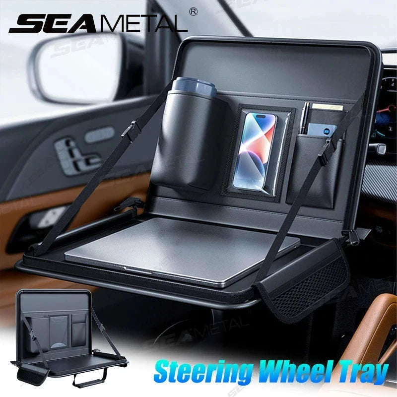 Portable Steering Wheel Foldable Tray with Multi-Pocket Storage-1 pc