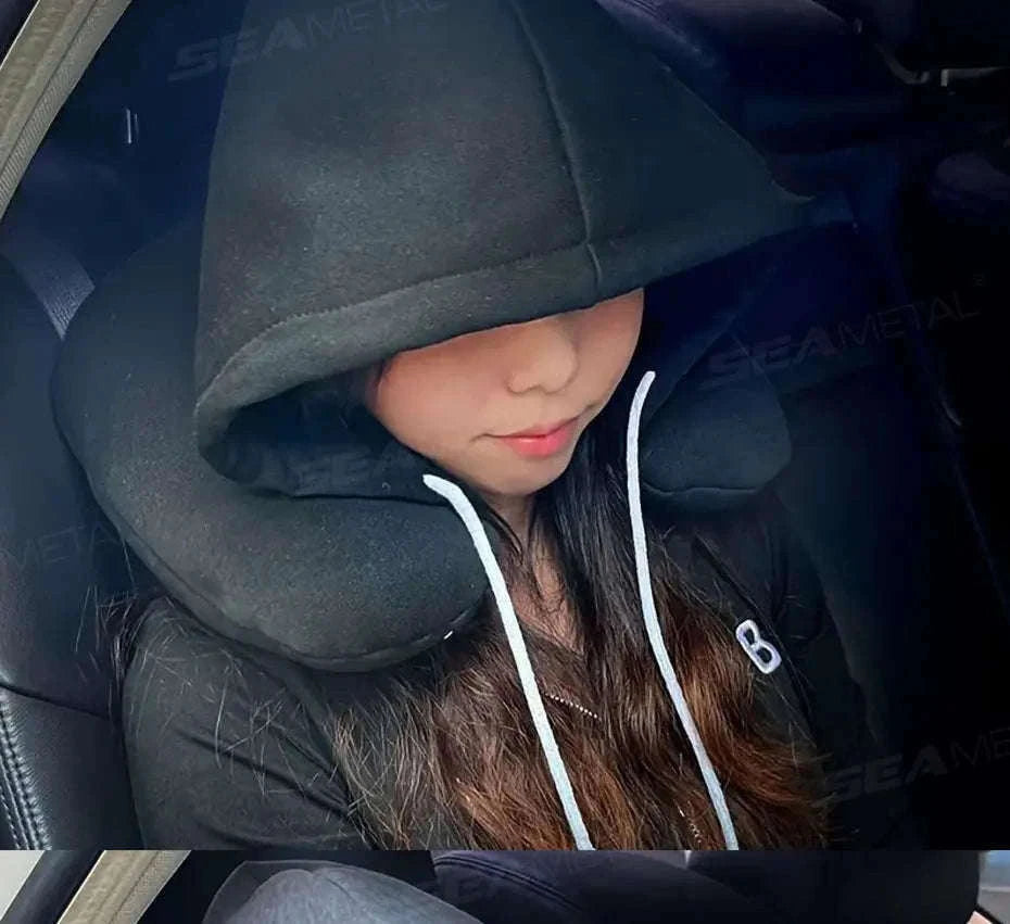 Portable U-Shape Travel Neck Pillow with Hood-Black