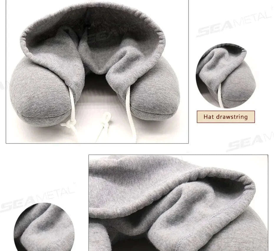 Portable U-Shape Travel Neck Pillow with Hood-Black