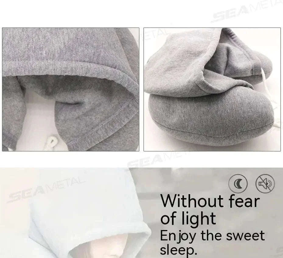Portable U-Shape Travel Neck Pillow with Hood-Black