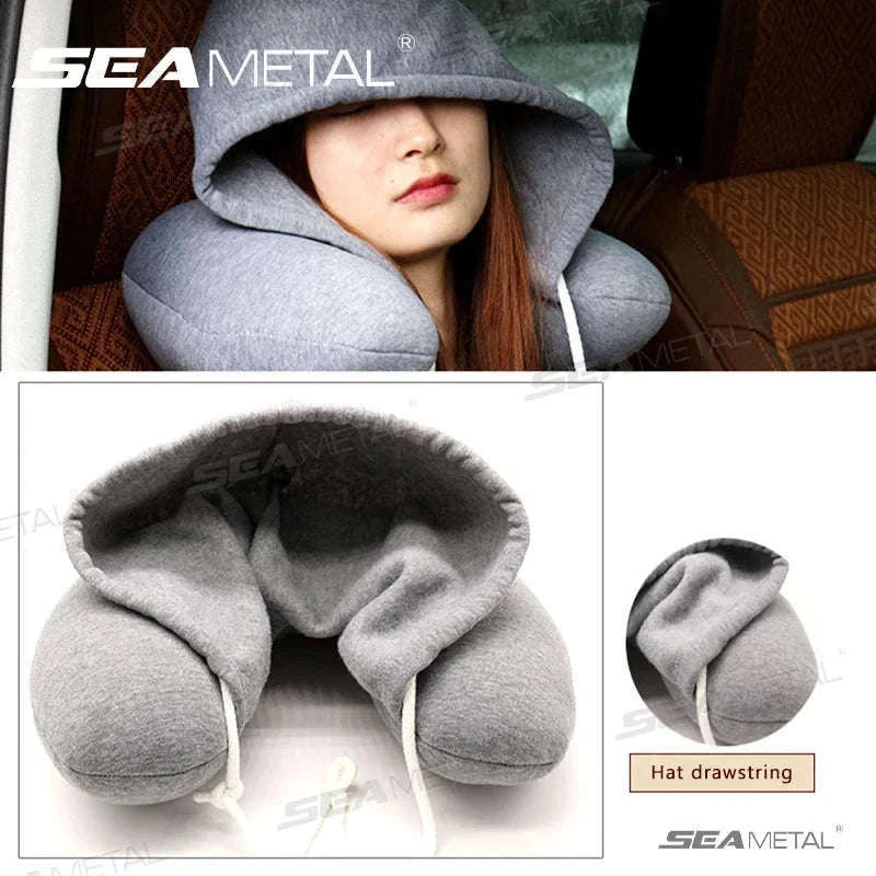 Portable U-Shape Travel Neck Pillow with Hood-Black