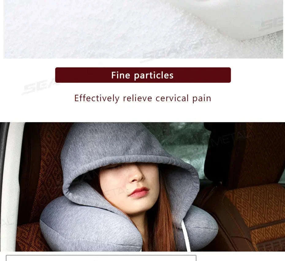 Portable U-Shape Travel Neck Pillow with Hood-Black