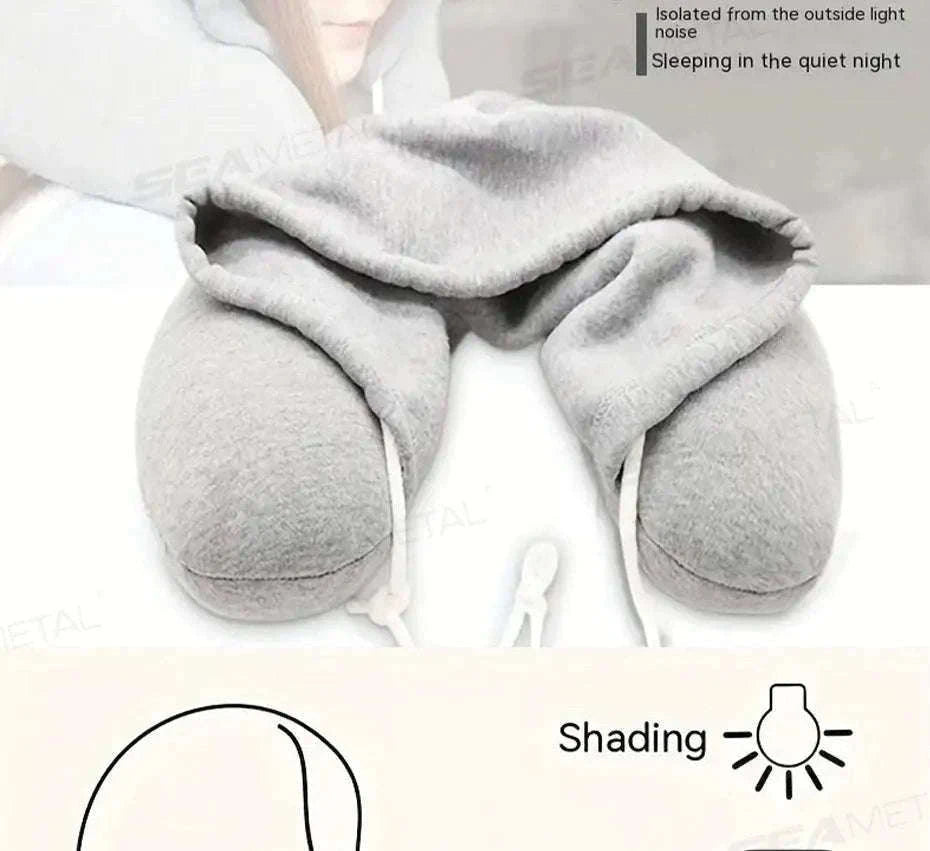Portable U-Shape Travel Neck Pillow with Hood-Black