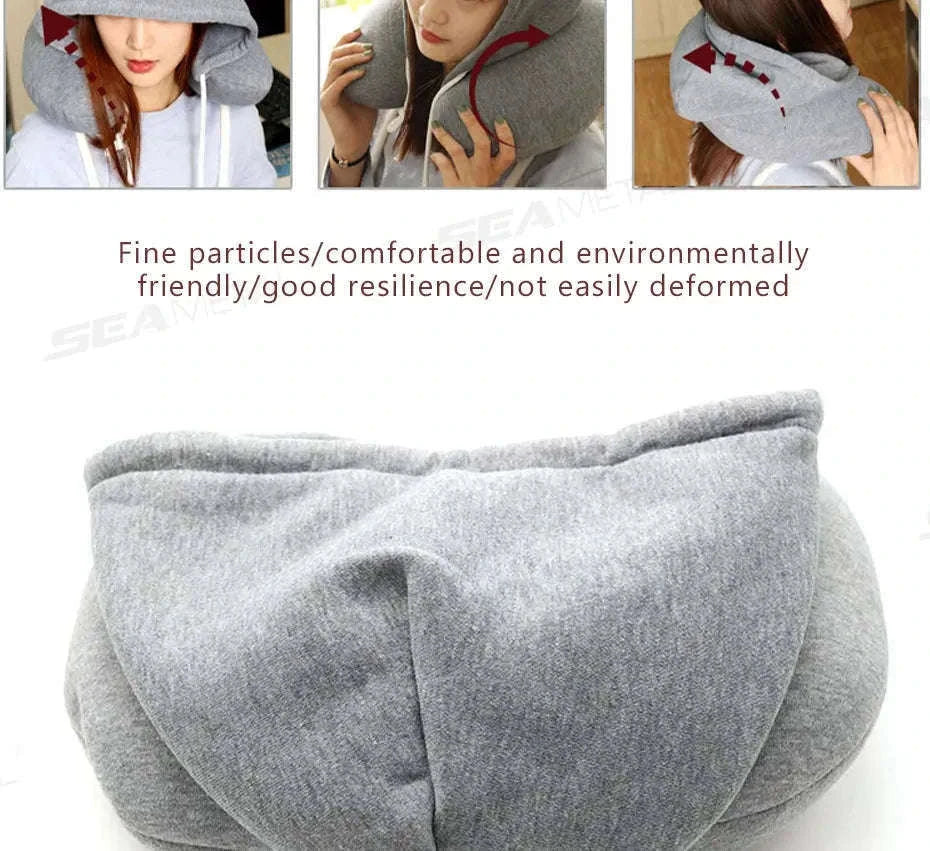Portable U-Shape Travel Neck Pillow with Hood-Black