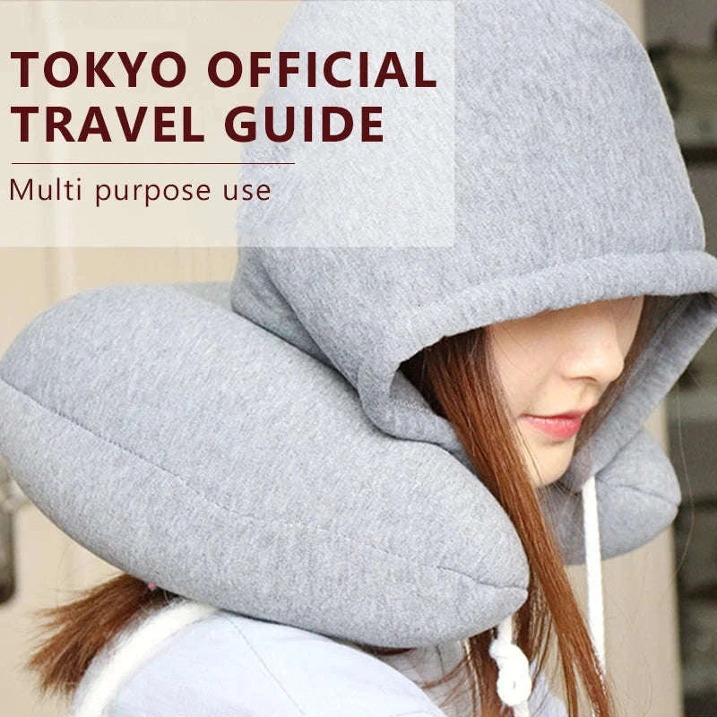 Portable U-Shape Travel Neck Pillow with Hood-Black