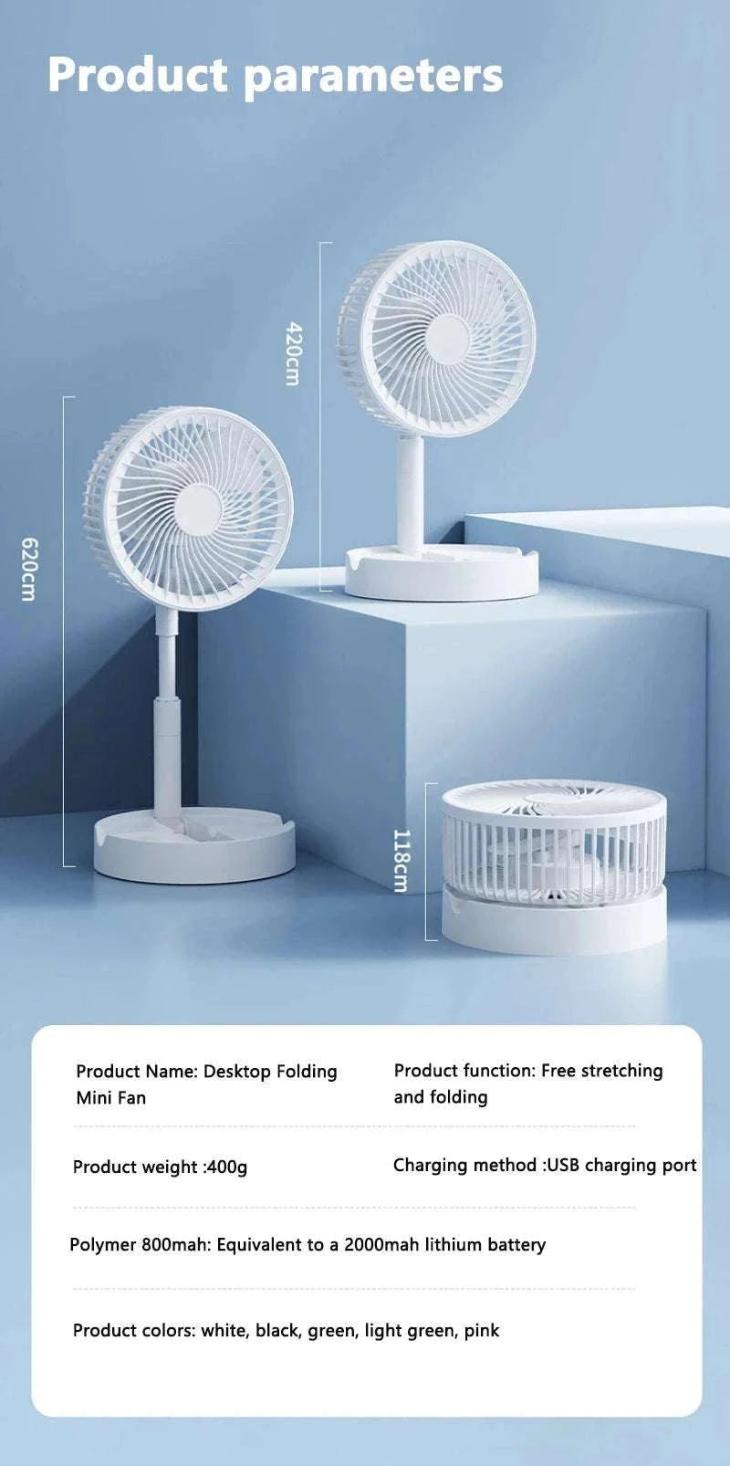 Portable USB Folding Desk Fan with 3 Speeds & Timer-Charging White