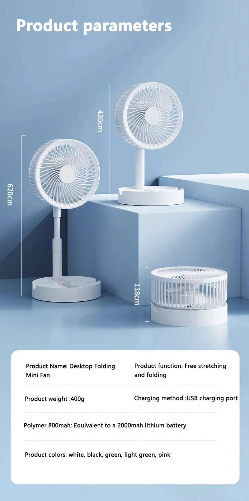 Portable USB Folding Desk Fan with 3 Speeds & Timer-Charging White