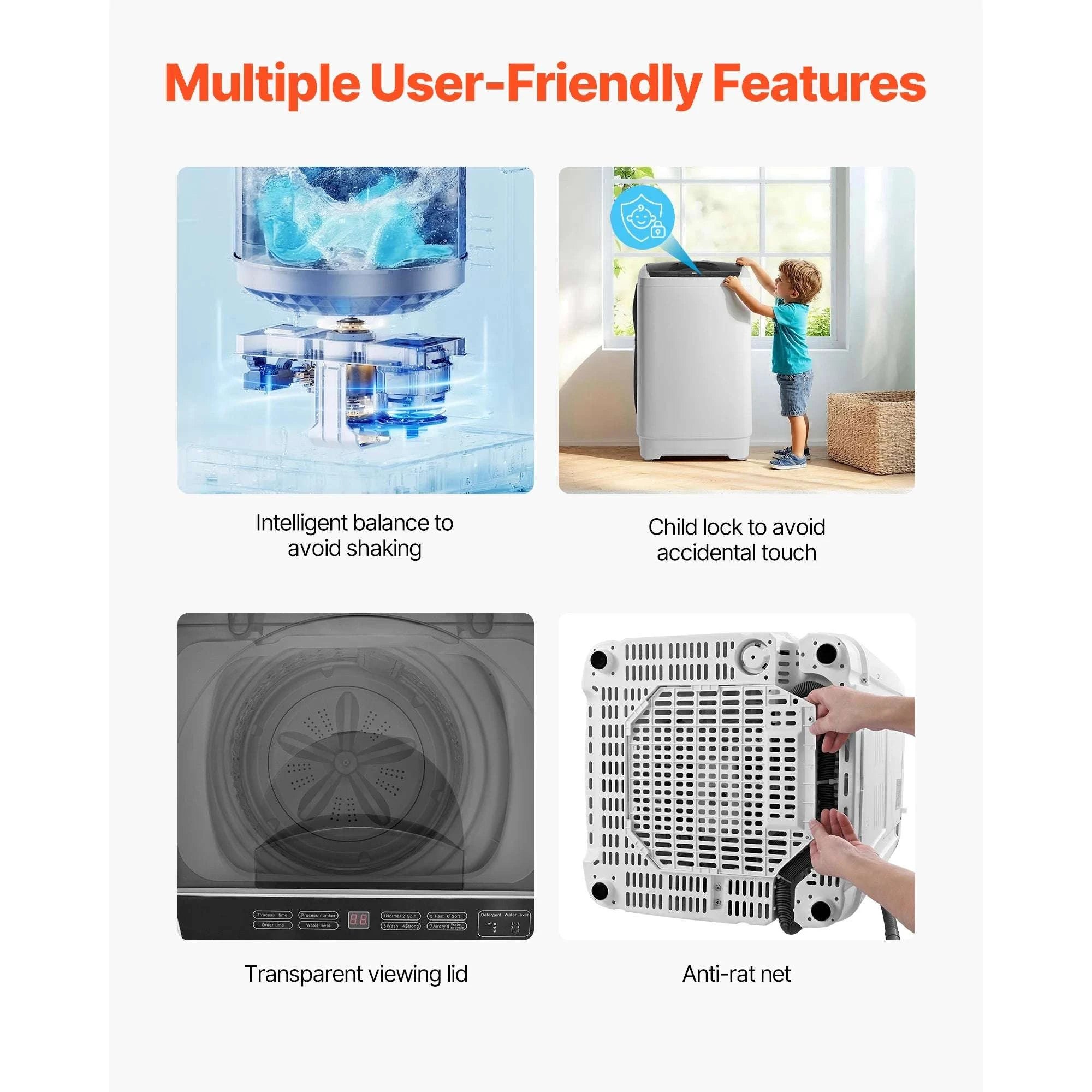 Portable Washing Machine 1.3 cu.ft with 8 Programs LED Display-280w / United States