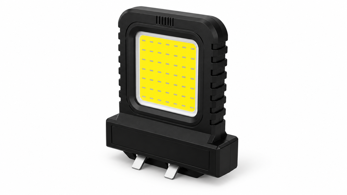 Portable LED work light on white background