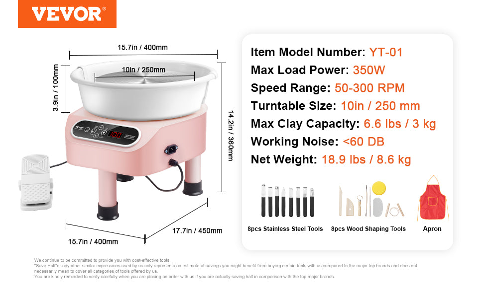 11-Inch Electric Pottery Wheel 450W with Foot Pedal Control