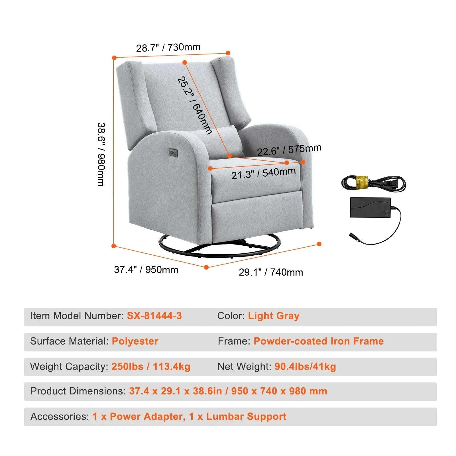 Power Recliner Swivel Glider Chair with 165° Recline & 240° Rotation-Light Gray / GERMANY