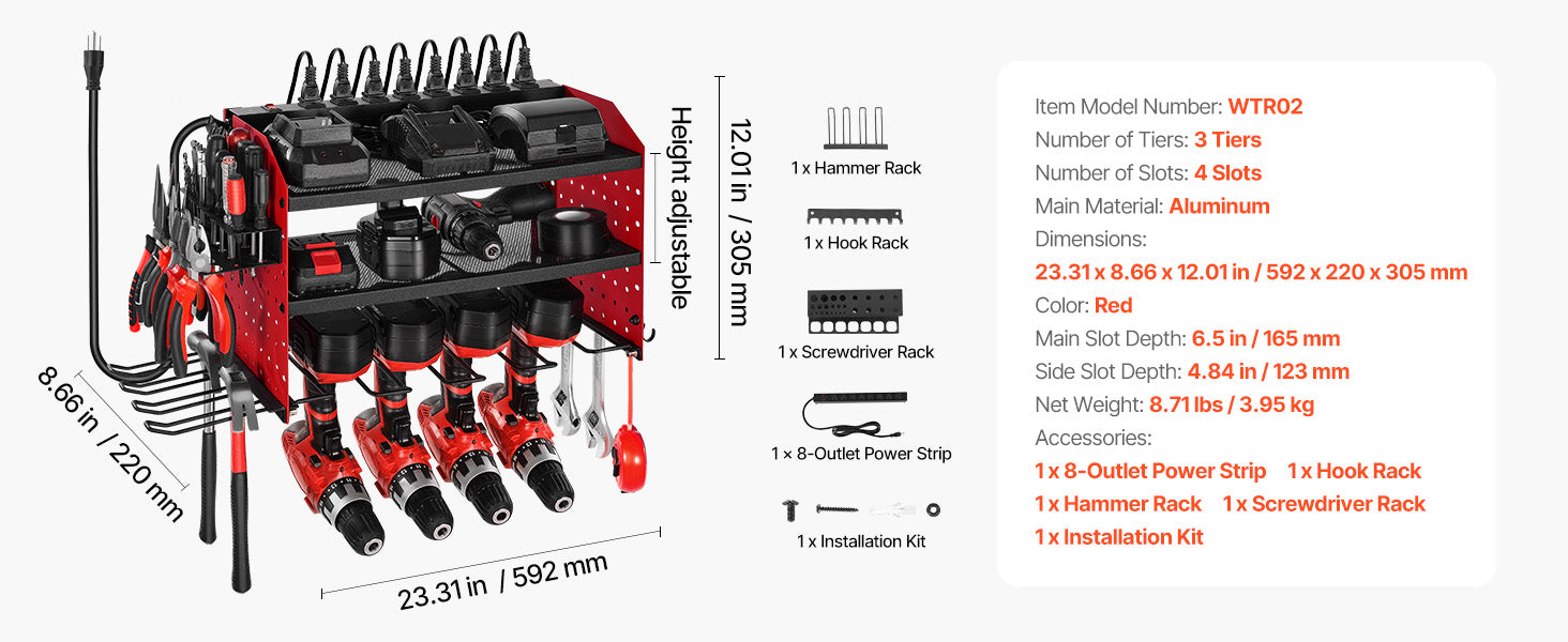 3-Tier Wall Mounted Power Tool Organizer with Charging Station