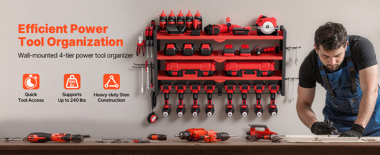 4-Tier Wall Mounted Power Tool Organizer Rack with Pegboard