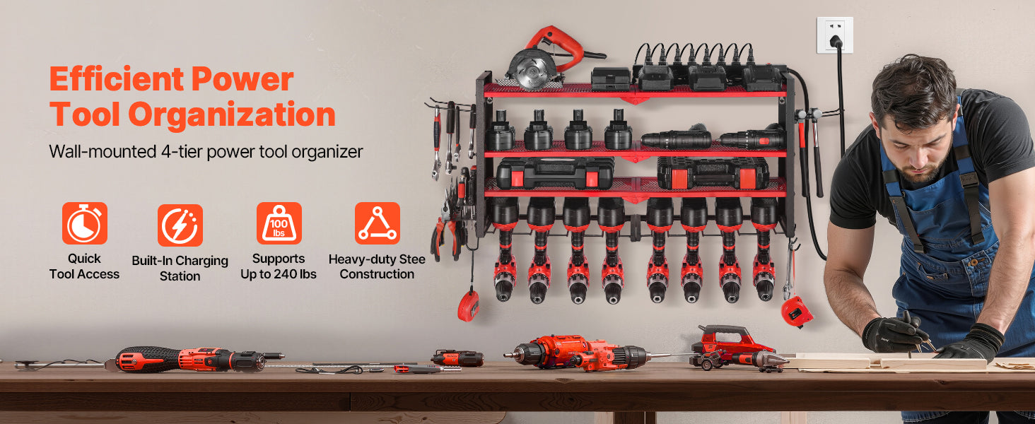 4-Tier Power Tool Organizer with Charging Station & Pegboard