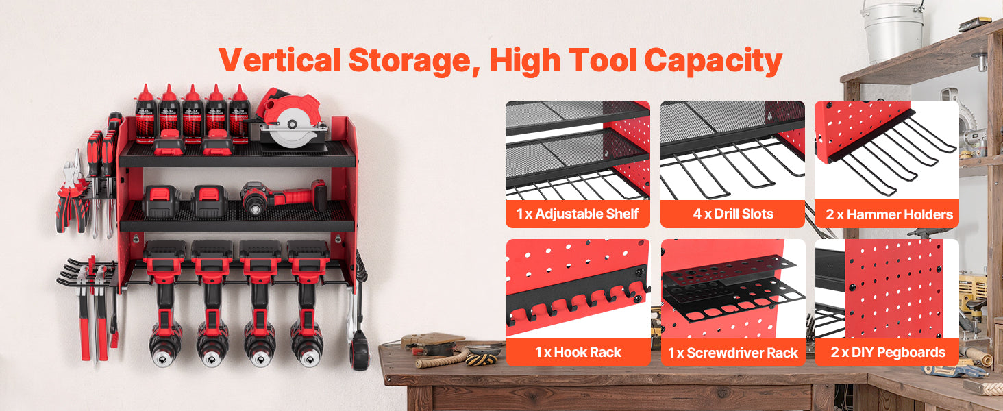 3-Tier Power Tool Organizer Wall Mount Rack with Drill Storage