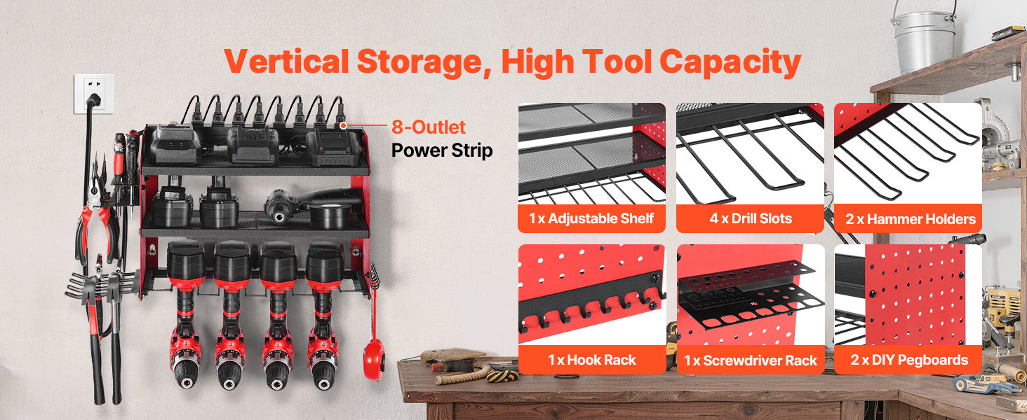 3-Tier Wall Mounted Power Tool Organizer with Charging Station