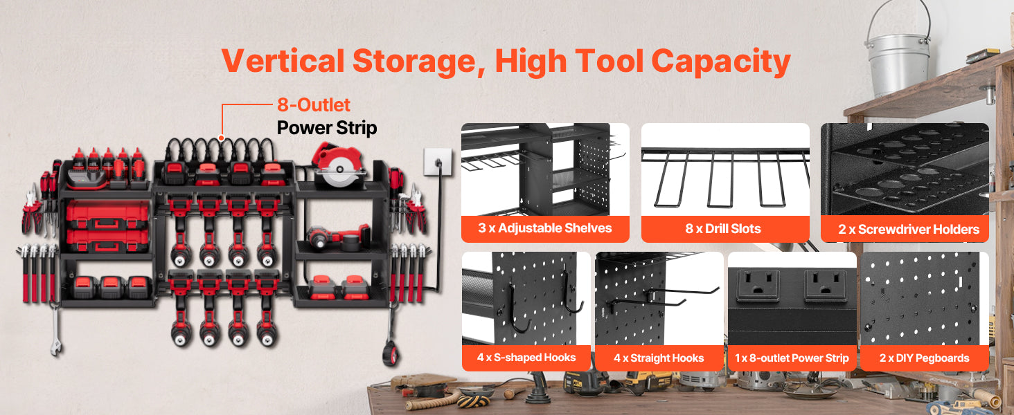 3-Tier Power Tool Organizer with 8-Outlet Charging Station Rack
