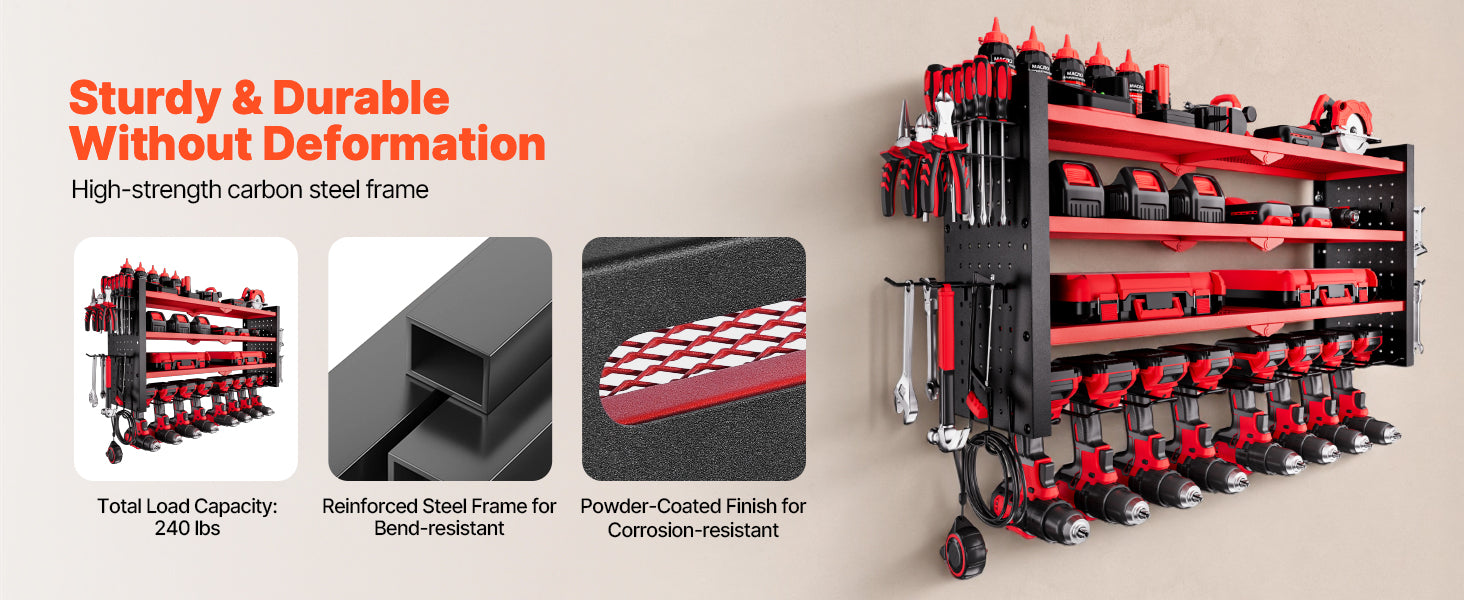 4-Tier Wall Mounted Power Tool Organizer Rack with Pegboard