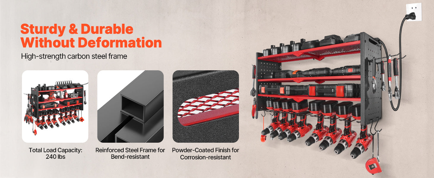4-Tier Power Tool Organizer with Charging Station & Pegboard