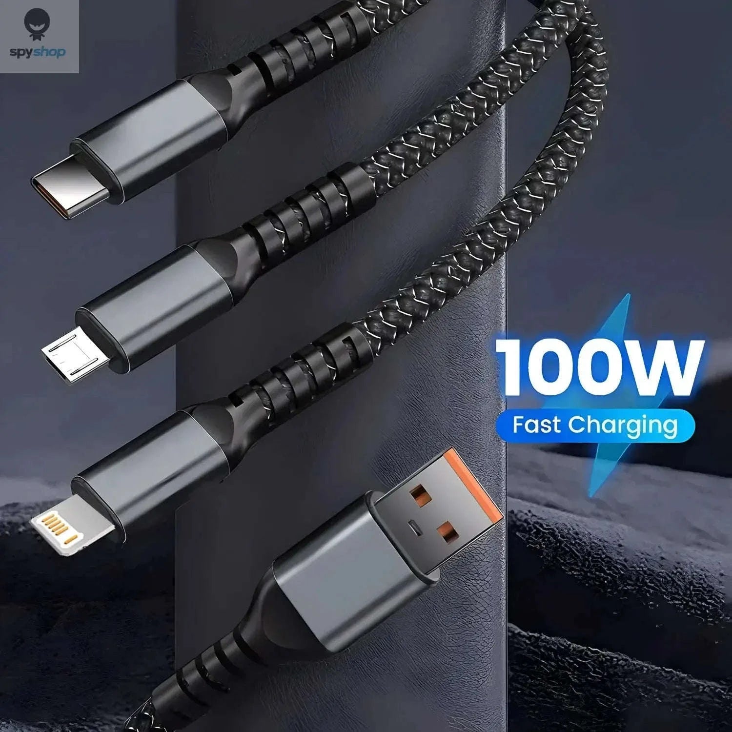 PowerFlex 100W Fast Charging Cable – 3‑in‑1 Multi‑Device Charger-black / 1.2m