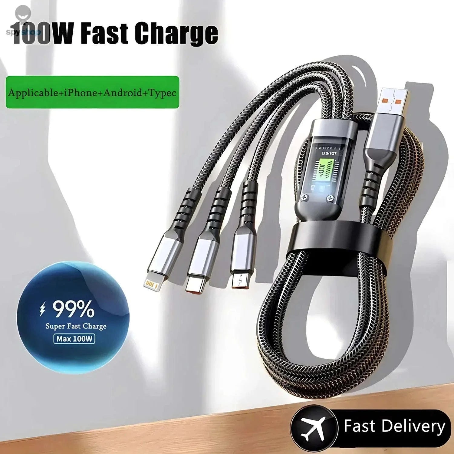 PowerFlex 100W Fast Charging Cable – 3‑in‑1 Multi‑Device Charger-black / 1.2m