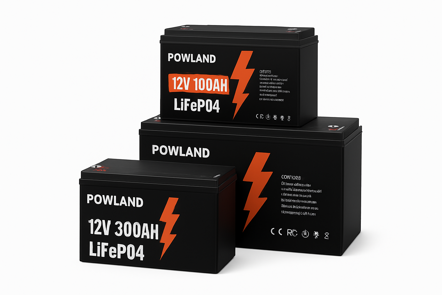 POWLAND LiFePO4 Battery 12.8V 100Ah 300Ah / 25.6V Lithium Iron Phosphate, Built-in BMS, 6000+ Cycles, IP65 for RV, Boat, Inverter, and Solar Power