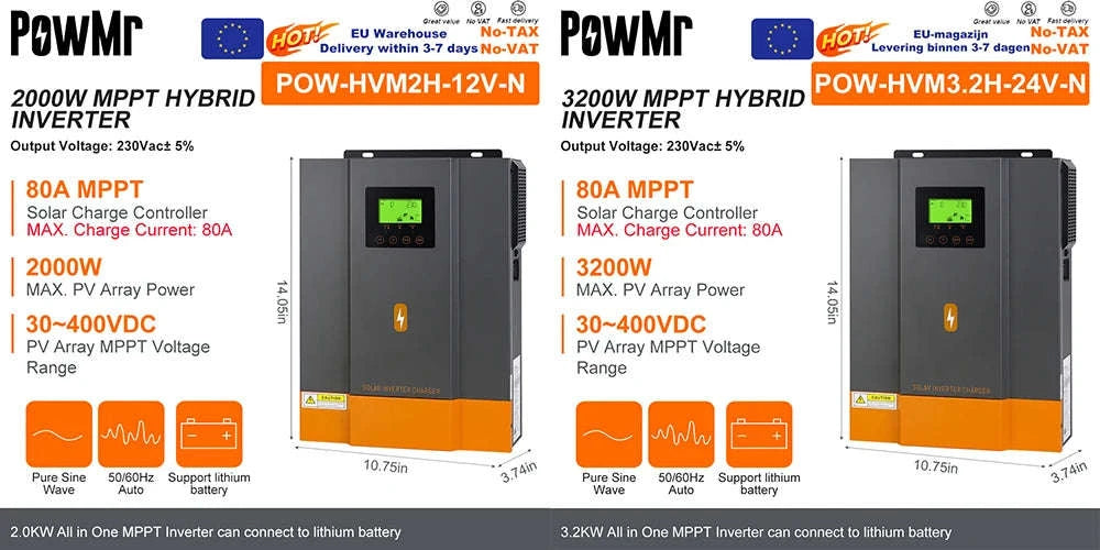 PowMr 3.2KW 24V Hybrid Solar Inverter with 80A MPPT & WiFi-2KVA 12V / 220-240V / france|No WIFI
