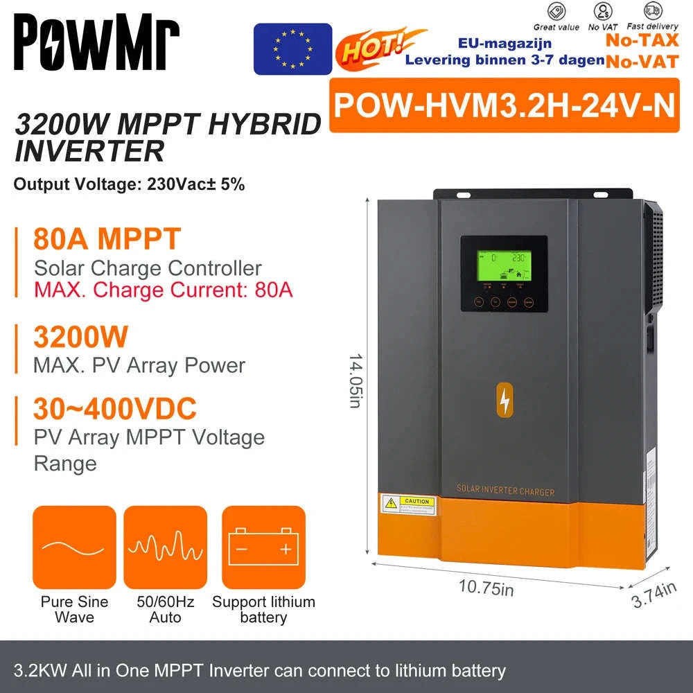 PowMr 3.2KW 24V Hybrid Solar Inverter with 80A MPPT & WiFi-2KVA 12V / 220-240V / france|No WIFI