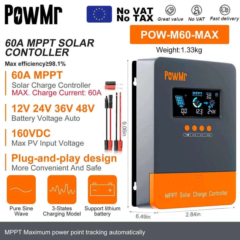 PowMr MPPT Solar Charge Controller for 12V–48V Systems-PWM 60A / france