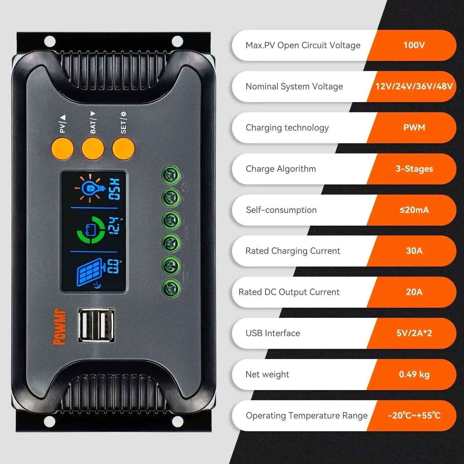PowMr MPPT Solar Charge Controller for 12V–48V Systems-PWM 60A / france