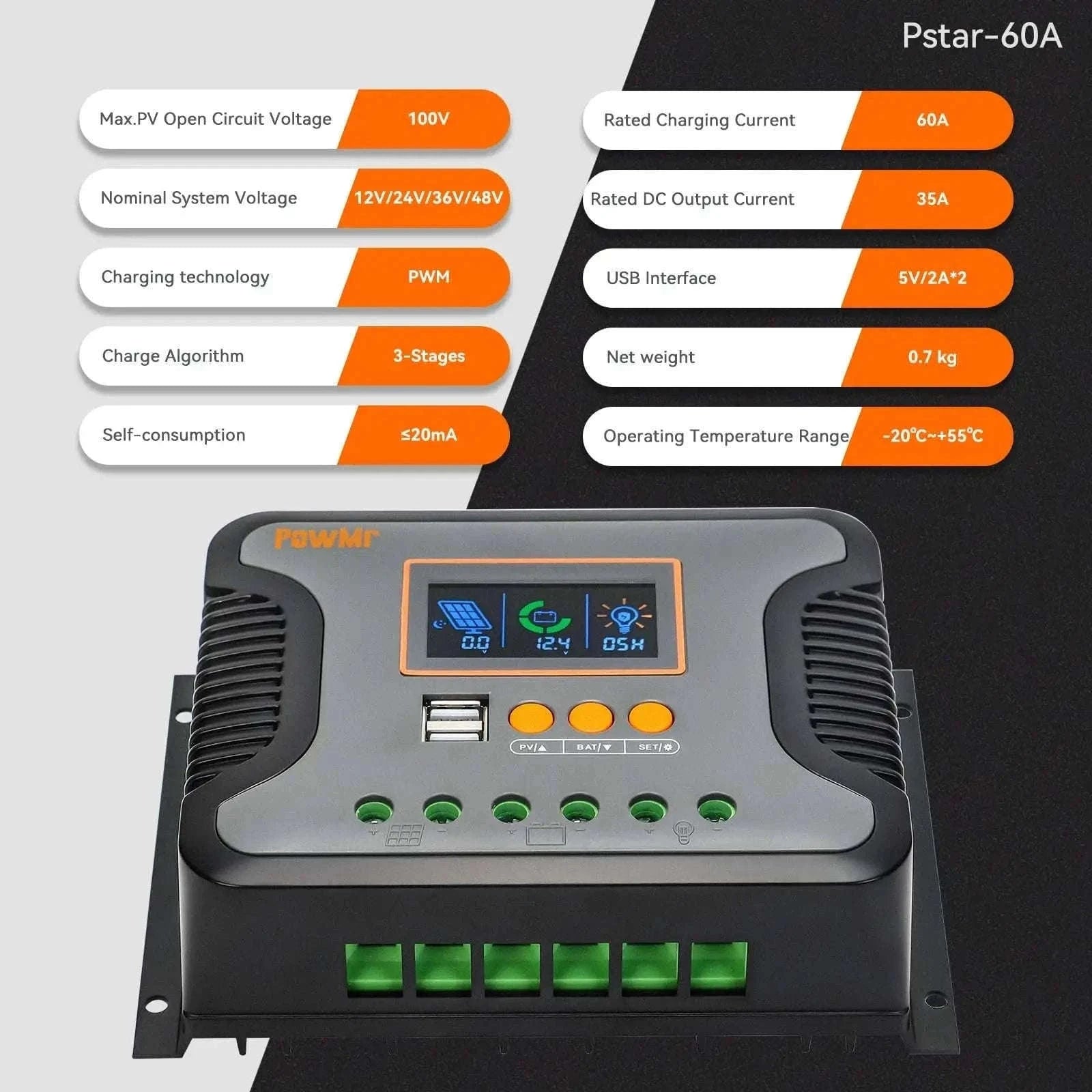 PowMr MPPT Solar Charge Controller for 12V–48V Systems-PWM 60A / france