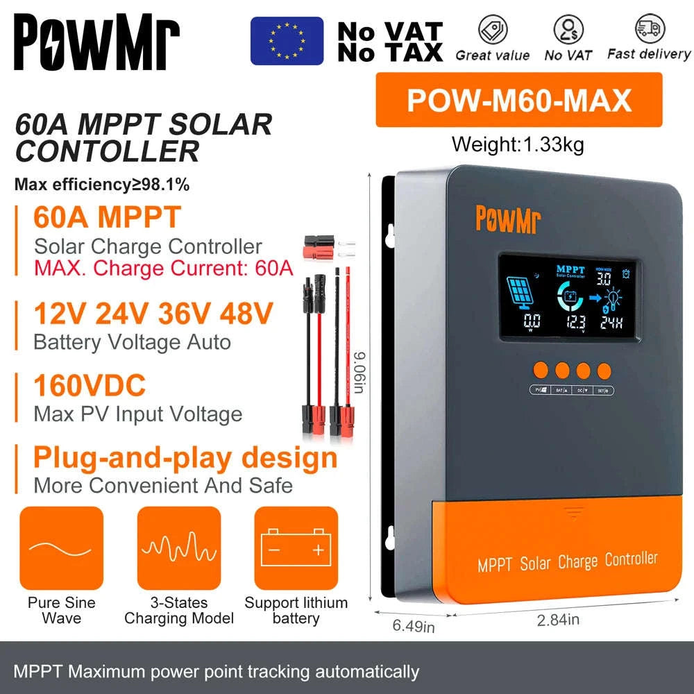 PowMr MPPT Solar Charge Controller for 12V–48V Systems-PWM 80A / france