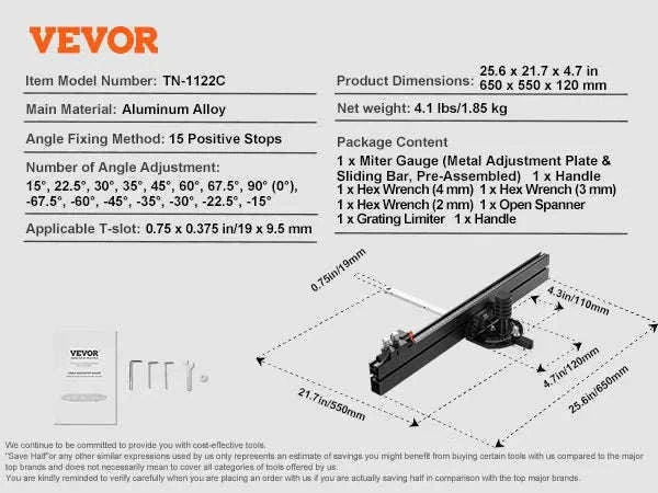 Precision Miter Gauge for Table Saws with 15 Positive Stops-19 to 35 in Grating / spain