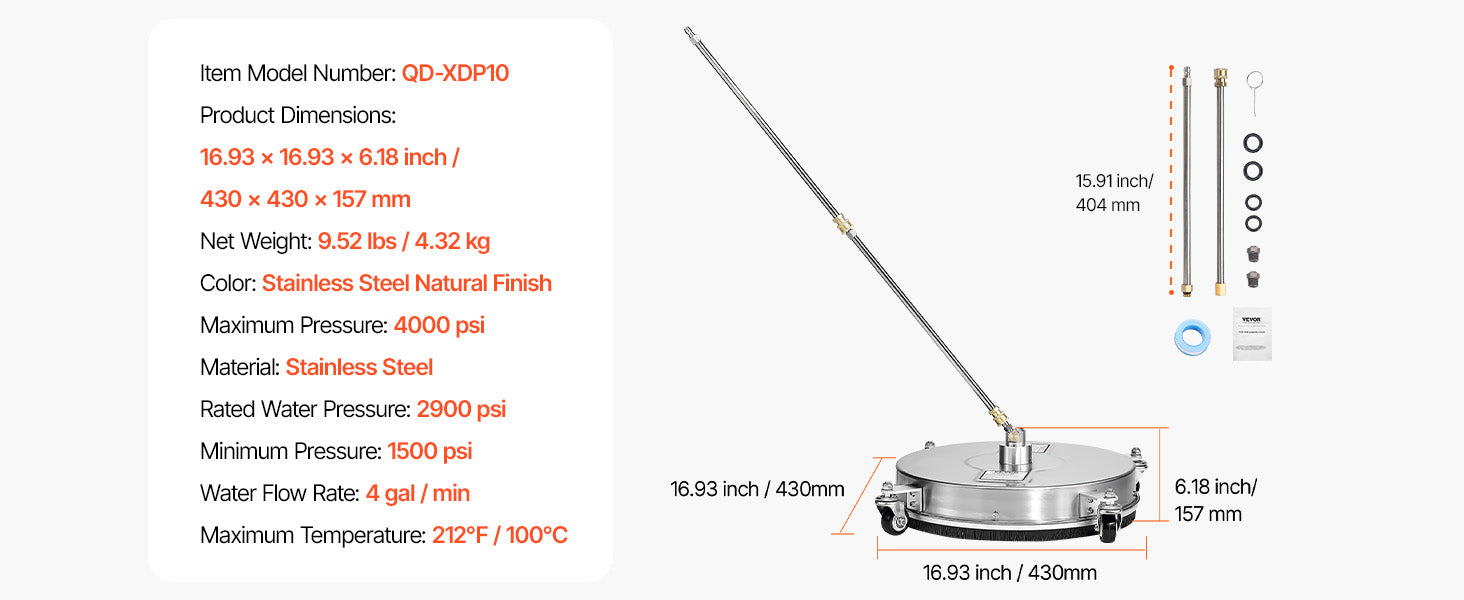 Pressure Washer Surface Cleaner with 4 Wheels for Concrete Patio Deck