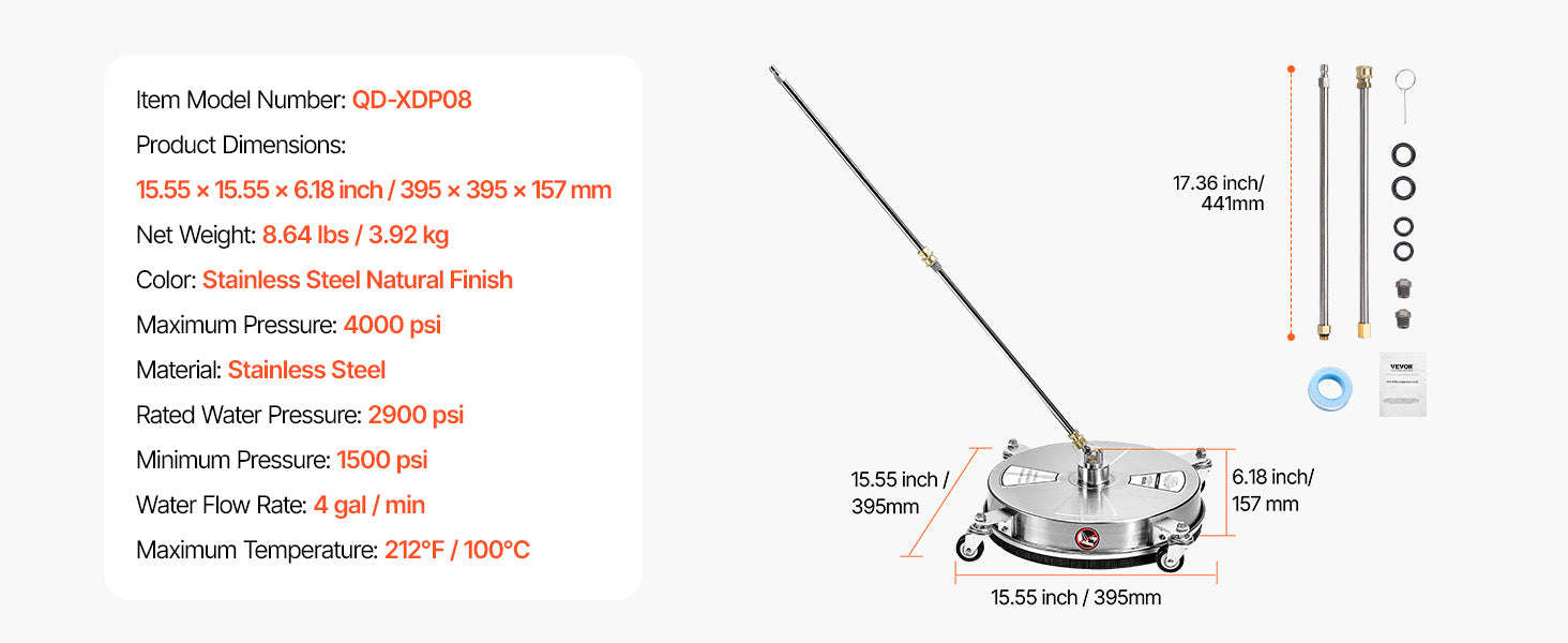 Pressure Washer Surface Cleaner with 4 Wheels for Concrete Patio Deck-15in Steel / Germany / Manual