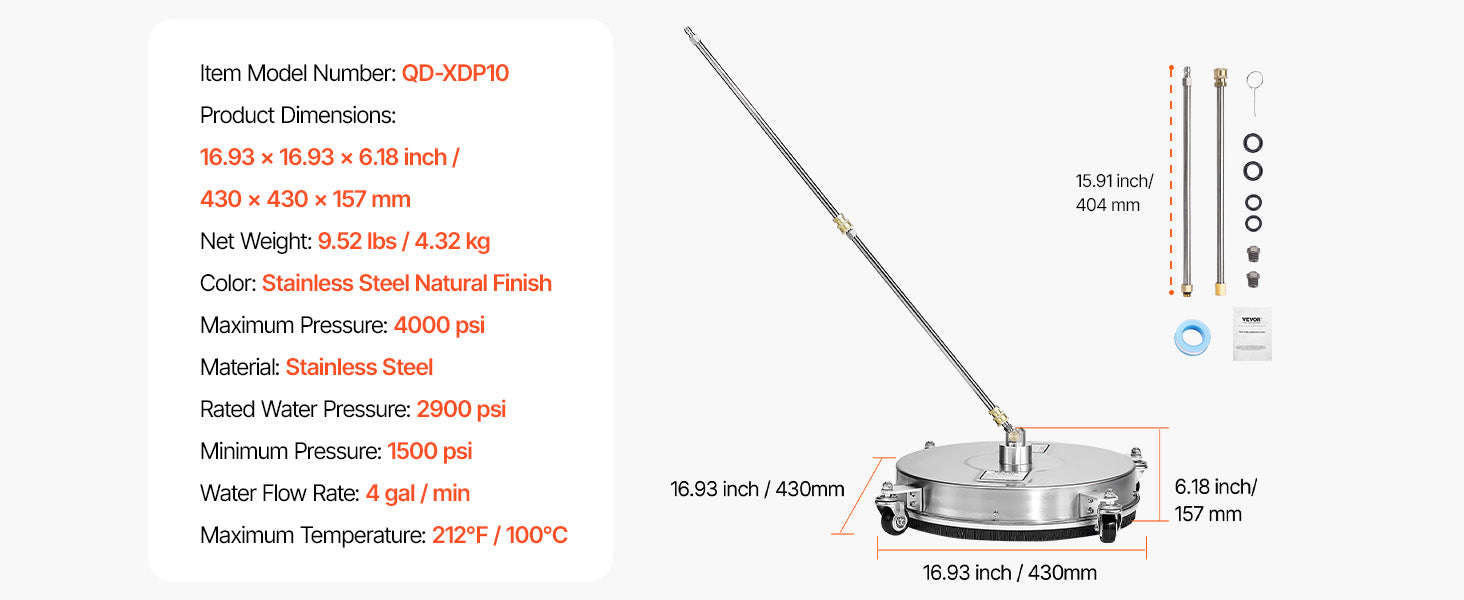 Pressure Washer Surface Cleaner with 4 Wheels for Concrete Patio Deck-15in Steel / Germany / Manual