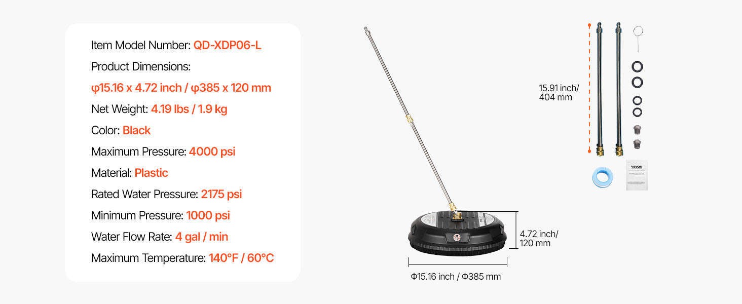Pressure Washer Surface Cleaner with 4 Wheels for Concrete Patio Deck-15in Steel / Germany / Manual