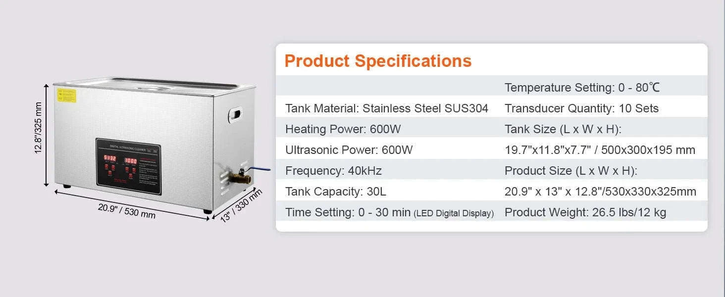 Professional Ultrasonic Cleaner for Jewelry, Glasses and Tools-30L / france