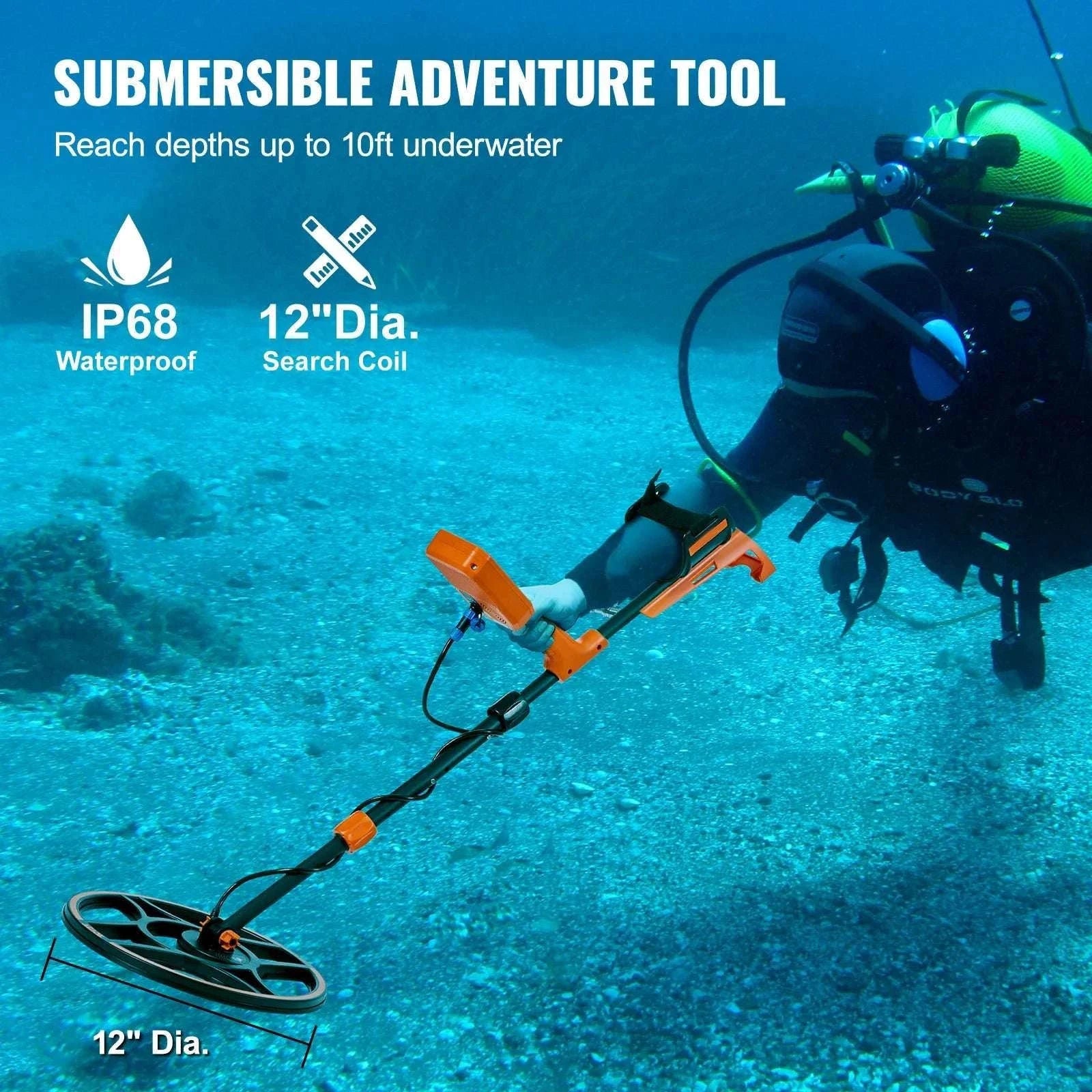 Professional Waterproof Metal Detector with 12" Coil & 7 Modes-12 Inch Search Coil / GERMANY