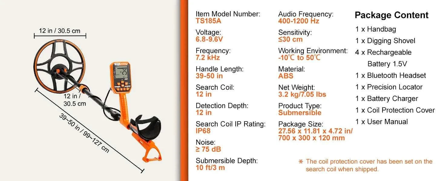 Professional Waterproof Metal Detector with 12" Coil & 7 Modes-12 Inch Search Coil / GERMANY