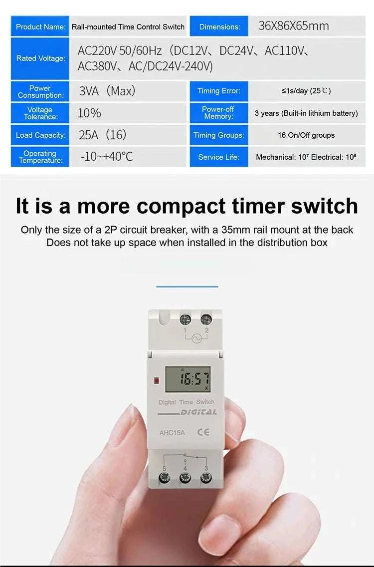 Programmable DIN Rail Digital Timer Switch with 16 Schedules-AC220V