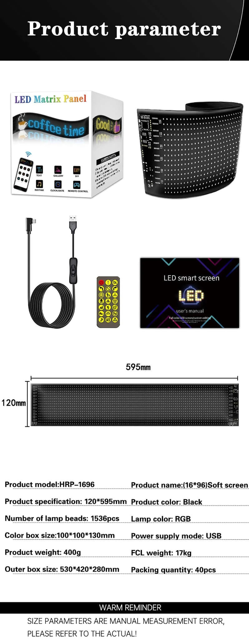 Programmable LED Matrix Pixel Panel Light-16x96 LEDs 12x60CM