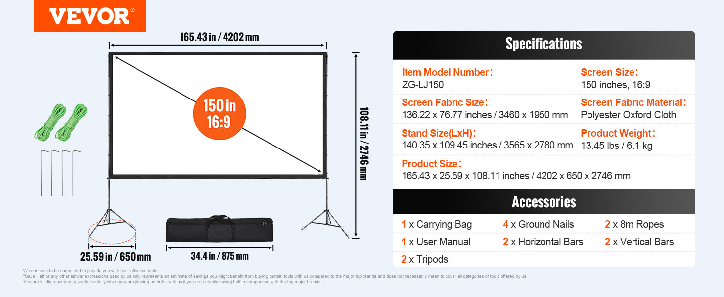 Ecrã de Projetor Portátil 120" com Suporte 16:9 para Filmes ao Ar Livre