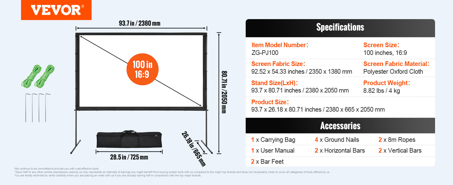 Ecrã de Projetor Portátil 120" com Suporte 16:9 para Filmes ao Ar Livre