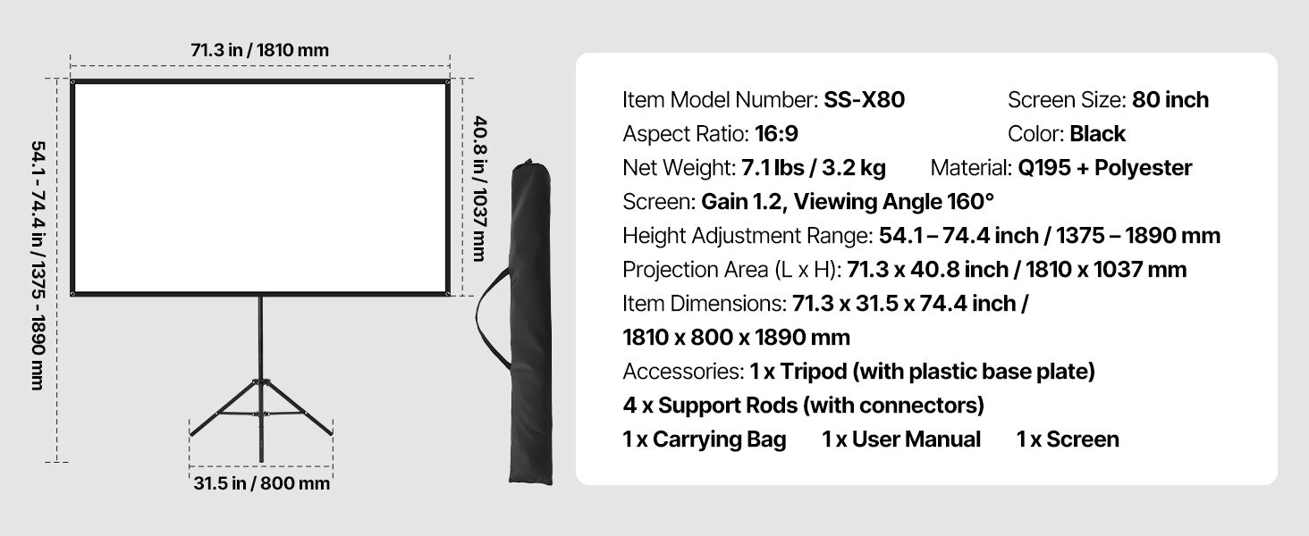 SucceBuy projekcijsko platno s stalkom 80 inča, široki kut 160°, unutarnje/vanjsko projekcija, omjer 16:9, 4K HD, bez naboravanja, prijenosne trokutne ploče sa zaštitnom torbom za film, kućni kino, ured predstavništvo
