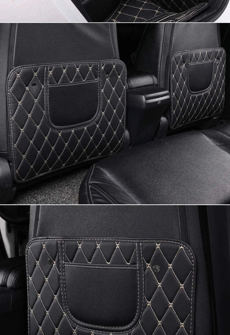 PU Leather Car Anti-Kick Seat Back Protector with Pocket-1pc large White line