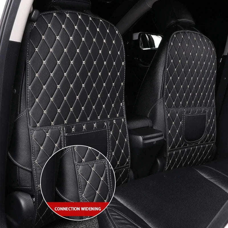 PU Leather Car Anti-Kick Seat Back Protector with Pocket-1pc large White line
