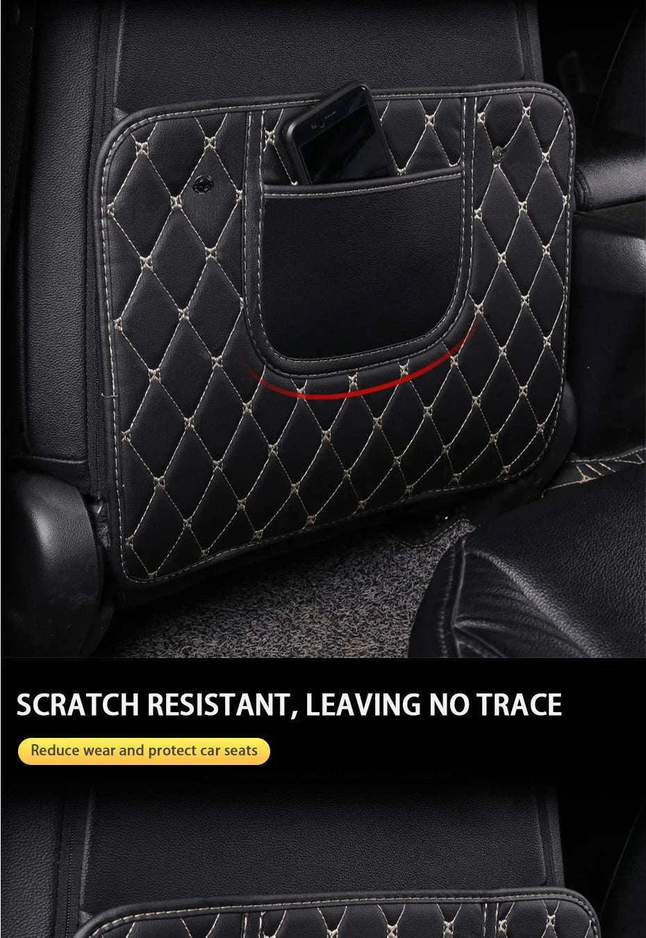 PU Leather Car Anti-Kick Seat Back Protector with Pocket-1pc large White line